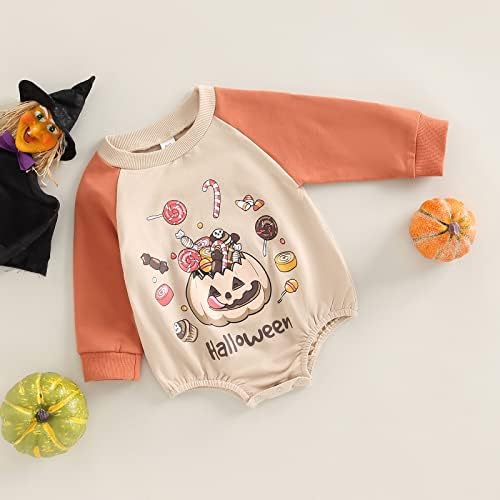 Бебе девојче момче Ноќта на вештерките облека екипаж, џемпер за џемпер, ропер во боја, блок ракав тиква преголема џемпер врвна есенска облека