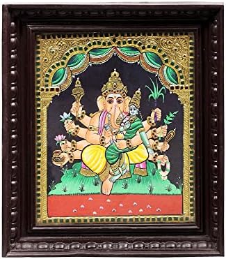Егзотична Индија 13 x 18 Ганеша Господарот на просперитетот Танјоре Сликање | Традиционални бои со 24к злато | Teakw