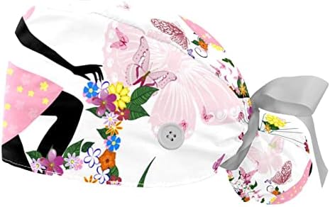 2 парчиња медицинска сестра за чистење жени со долга коса, девојче романтична пеперутка прилагодлива работна капа со копче и