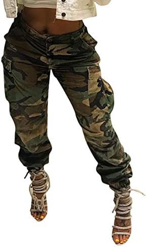 Vakенски женски камо карго панталони со високи половини тенок панталони камуфлажа активни џогир џеб џебни џебови со појас