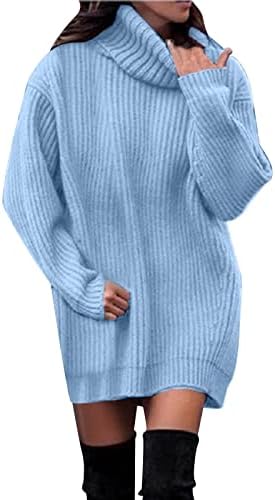 Џемпери за жени Зимска желка пувернек цврста боја на средна должина плетен џемпер