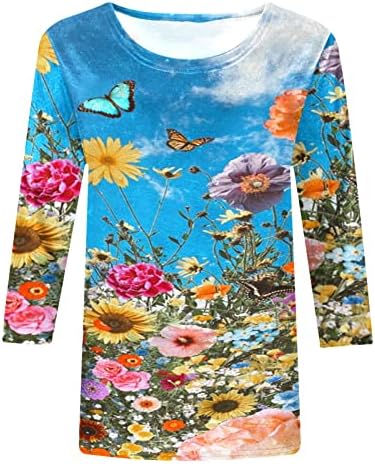 Дами бранч блуза 3/4 ракав блузи маички екипаж пеперутка цветна графичка лабава фит летна есен блуза