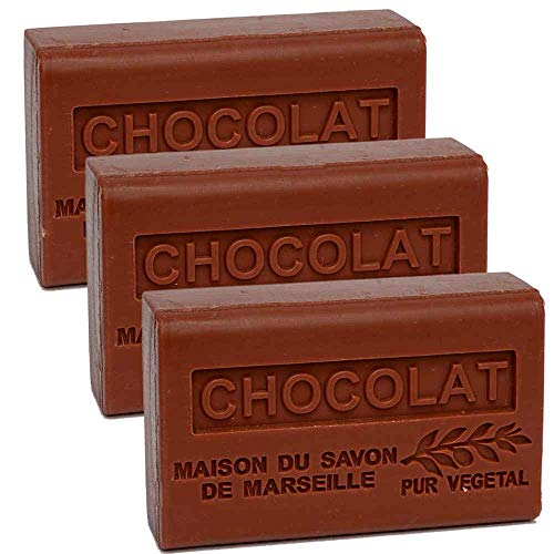 Савон Де Марсеј - француски сапун направен Со Органски Шеа Путер - Чоколаден Мирис-Погоден За Сите Типови Кожа - 125 Грама Шипки-Комплет од 3