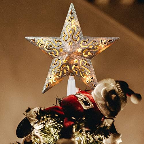 Топер на Елка Од новогодишна Ѕвезда Осветли 3д Пентаграм Вградени 10 Светилки Со Сребрена Обвивка Приклучок За Врвови На Ѕвезди За Божиќни