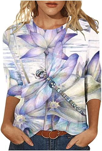 Mirtенски мермер печатени кошули маица со средна должина 3/4 ракави блуза околу вратот модерна уметност случајна туника 2023 врвови