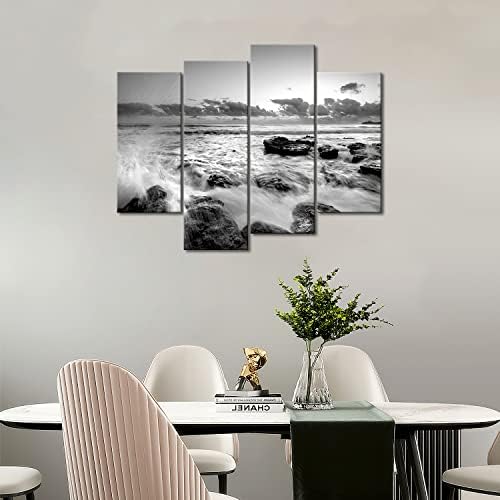 Црно -бело морско бран на брзање во камен artидно уметност сликање слики печатени на платно морско снимање на сликата за домашна модерна декорација