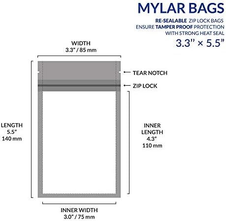 Mylar торби со Ziplock 3,3 x 5,5 ”| 100 торби | Запечатени вреќи за заптивка на топлина за пакување со бонбони и храна, лекови