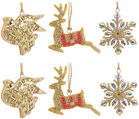 Божиќни украси на белег, ирваси од злато, икони за одмори од гулаб и снегулка, дрво, сет од 6