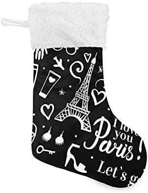 Божиќни чорапи на Алаза, 18 инчи ласкави со голема бела едноставна кула Ајфелова кула и кадифен лаки за крзно, чорапи за манжетни, за украси
