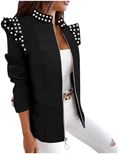 Женски обични блејзери моден печатење руфла со долги ракави отворени предни канцелариски јакни за автобуси со џебови со џебови