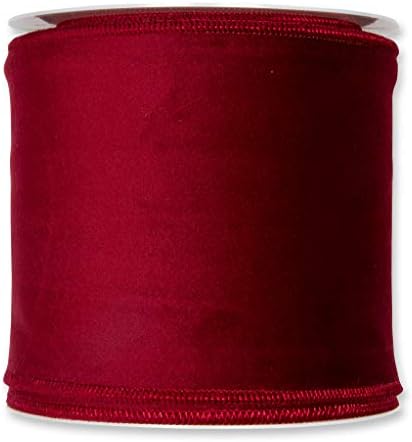 Флористиријар Бургундија црвена Божиќна кадифена ткаенина лента ширина 4 инчи на 9 јарди ролна. Жичен раб