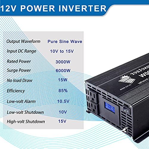 Cumsetzer 3000 вати инвертер чист синусен бран инвертер 12V до 110V 120V, 2 американски приклучоци и терминал на хардвер, заземјен, LCD дисплеј,