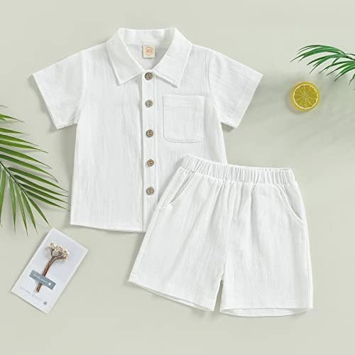 HoanseLay бебе момче памучни постелнина постави цврста боја на кратки ракави со кратки ракави надолу маици и шорцеви летна облека облека