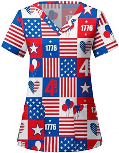 4-ти јули маици за жени во САД знаме лето кратки ракави против маици со вратот со 2 џебови блузи одморен случајна работна облека