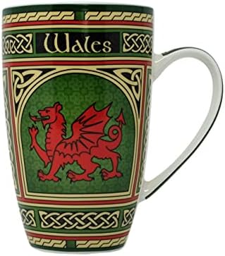 Кралска Тара Сет од 2 Велс Порцелански Чаши За Кафе - Велшки Порцелански Чаши Со Црвен Змеј Со Ирски Дизајн На Келтски Јазли, Изработени од Нова Коска Кина 400мл/14фл оз