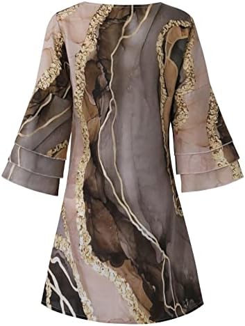 Обични фустани за жени, 2023 година Пролетен моден темперамент на жените Елегантен свеж печатен руфл против вратот 3/4 ракави