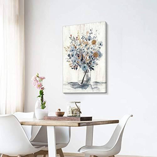 Уметничка патека Апстрактна цветна букет wallидна уметност: сива сина цветна цветна во тегла сликање цвеќиња отпечатоци на платно за спална соба