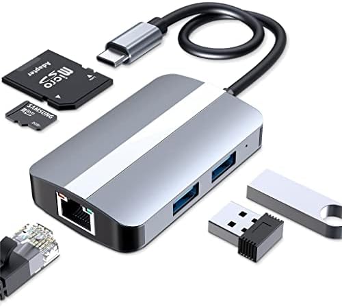 XDSDDS USB C Hub Адаптер 5 во 1 USB3.0 Hub Type-C до RJ45 мрежна картичка Сплитер со 100MB/S порта TF SD