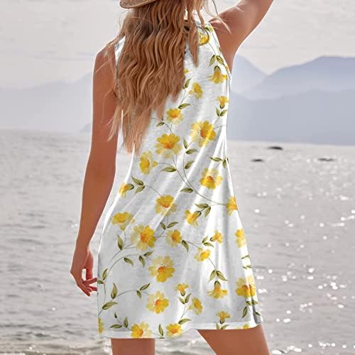 Женски бохо цветни фустани обични летни резервоари на плажа, лажички врат со високи половини со кратки саини без ракави, мини фустан