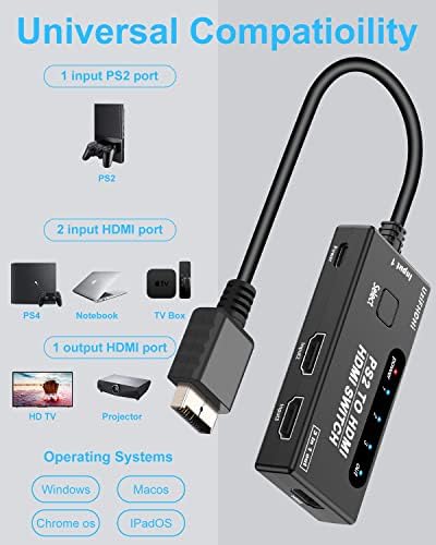 Адаптер за конвертор PS2 до HDMI, 3 во 1 out hdmi out поддржува целосен HD 4K 1080p 3D за PS2, Roku, HDTV, PS4/5, Xbox, компјутер
