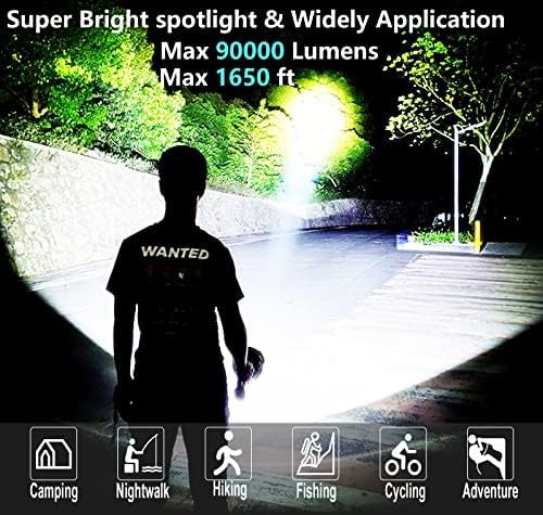 Високи лумени на Flashlight Flashlight Flashlight, 90000 Lumen Super Bright Spot со 4 режими и USB излез, водоотпорен рачен LED во центарот на вниманието со статив, моќно пребарување за кампување/и?