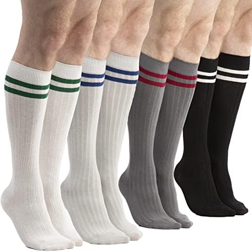 СЕРИЧИ 4 х Менс Чорапи Со Високи Памучни Пруги Со Колена | Преку Чорапи За Теле | Чорапи За Фустани | Големина 9-11