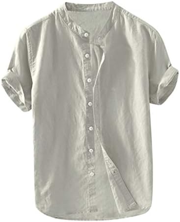 HDDK летни машки обични кошули памучни постелнини со краток ракав копче надолу со цврста боја тенок фит кошула на плажа без јаки