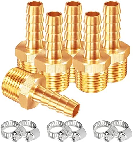 Uenede 6PCS Цврст Месинг Конец Шестоаголни Фитинзи 1/4 NPT Машки x 3/8 Барб Вклучуваат 6 Стеги Од Нерѓосувачки Челик