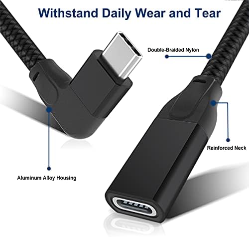 ITRAMAX кабел за продолжување со десен агол USB C 6.6FT, Type-C 3.1 Gen2 машки до женски Extender, 90-степени/L-форма USBC Thunderbolt 3 кабел за MacBook, Mac, iPad Pro/Air 4/Mini 6, Deck на пареа на iPhone, 14