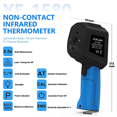 Дигитални Инфрацрвен Термометар Висока Температура Пиштол, -50 ® до 1580€, Не-Контакт ЛАСЕРСКИ IR  Пирометар За Готвење, Пица