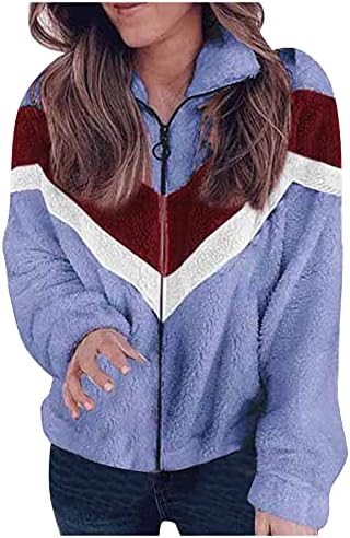 Опремени гроздобер блузи жени со долги ракави јакни Зипфронт пријатна боја блок полиестер преголема канцеларија зима