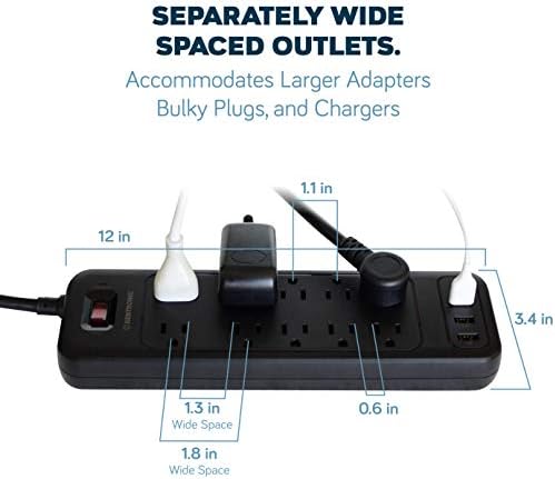 Заштитник на електрична лента за напојување USB-C и 10 AC, 3 USB и 1 USB C, порти за брзо полнење, црн, рамен приклучок 6 ft продолжен кабел, 2100 J 1875 Watts, 15A, Home Office, ETL наведен бенттр?