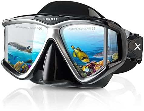 Exrossi Scuba Diving Mask Panoramic 4 леќи, темпераментно стакло нуркање за нуркање со капакот на носот, опрема за заштита од нуркачи против магла, маска за пливање кај возрасни за н
