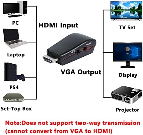 Gelrhonr HDMI до VGA со аудио адаптер, HDMI машки до VGA Female HD конвертор Поддршка 480P/576P/720P/1080P со 3,5 mm аудио кабел