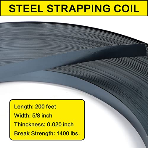 Coil Coil Sguller Steel Strapting Coil 5/8 x 0.020 x 200 стапки, 1400 фунти. Скршете ја јачината на челикот за палета, 4 пакувања