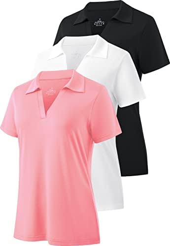 Ulенски женски суво вклопување голф-кошули со кратки ракави кошули за жени против влага на вратот, спортови на врвови јака 1-3 пакет