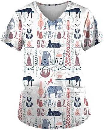 Женски животински печатени чистачи за забавни маици за работа на медицинска сестра униформа за здравствена заштита кошули во кариера со џебови