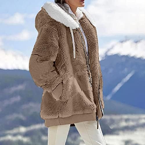 Зимски палта за жени 2022 Топло лесна руно плишана палто со качулка удобна волна палта со џебови