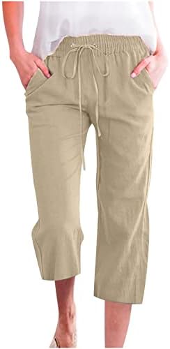 Широки нозе капри панталони за жени случајни летни влечења еластични памучни ленти со високи половини