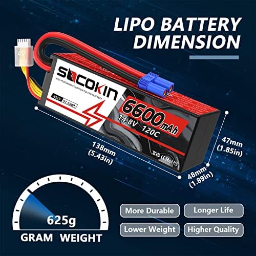 Socokin 4S LIPO батерија 6600mAh 14.8V 120C EC5 Hard Case Battery EC5 Connector For RC Car со 2 пакувања Lipo Safe Bag Fireproof Explofion Prosionsprof tag за голем капацитет за полнење