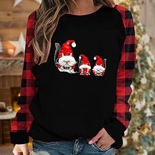 Божиќни кошули на CJHDym за женски Божиќни печатени карирани долги ракави, спојувајќи ги врвовите на туниката О-вратот маица пулвер за џемпери