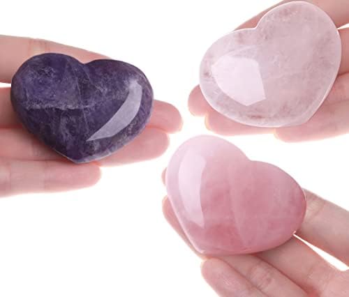 Maibaota 3 парчиња 1,8 роза кварц аметист чисти кварц лековити кристали срцеви скапоцени камења поставени природни реики кварц Quубовни џебни џебни палми, загрижени каме