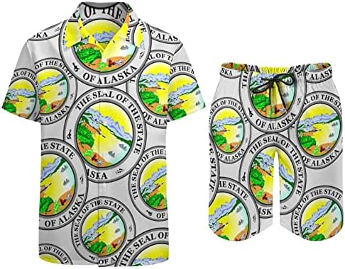 Печатот на државата Алјаска машки 2 парчиња облека на плажа Хавајски копче надолу со кошула со краток ракав и шорцеви костуми