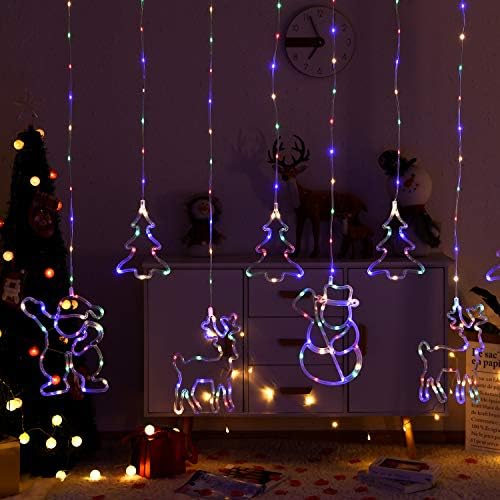 Noahfun Icicle String Fairy Light - Elk Santa Claus Fairy Cutrain Lights - ламба за завеси во прозорецот со далечински управувач за внатрешен двор, wallид, Божиќен декор, свадба, забава, затворен и на ?