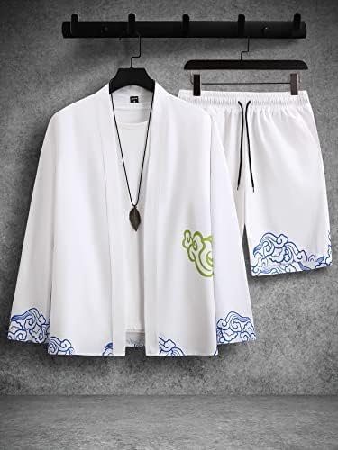 Фиокса облека со две парчиња за мажи мажи и кран печати кимоно и шорцеви за половината на половината