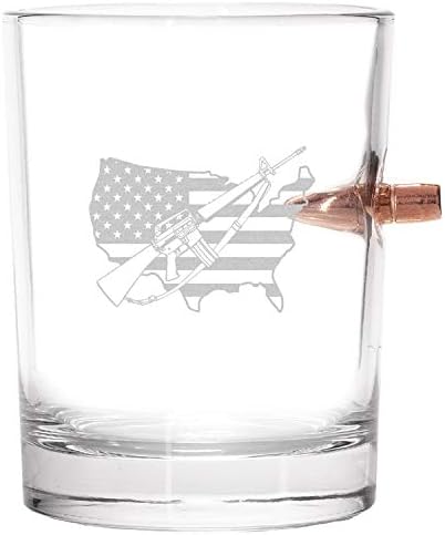 Среќен Шут - .Куршум Од 308 Калибар Заглавен Во Стаклени Чаши За Виски | Американско Знаме НА САД Со Пиштол Патриотски Подарок За Мажи | Подарок
