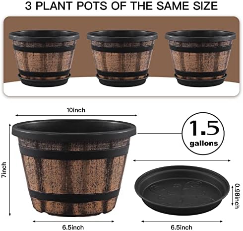 Растителни садови сет од 3 пакувања 10 инчи, виски барел засадувачи со дренажни дупки и чинија.