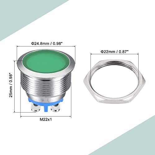 Индикатор за меканиксиност LED светлина 12V 22mm M22 панел монтирање метална водоотпорна сигнална ламба со Он прстен, зелена