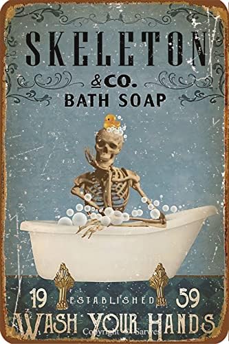 За скелети сапун за бања, ретро метален калај знак, смешна постер дневна соба кујна бања дома уметност wallидна декорација плакета подарок 8*12 инчи.