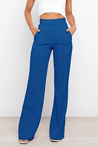 Siflifенски каузален кауза со високи половини со широки нозе, панталони за фустани за жени, работни панталони со џебови за жени канцеларија